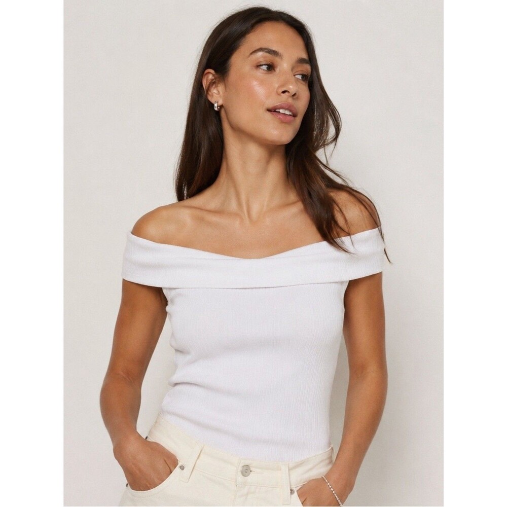 MADEWELL Ribbed Off-The-Shouder Top XL White Knit Fitted Crop Casual NWT B19